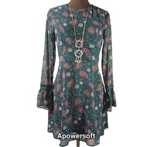 Green Floral Paisley Sheer Long-Sleeve Dress — Xhilaration — Size S